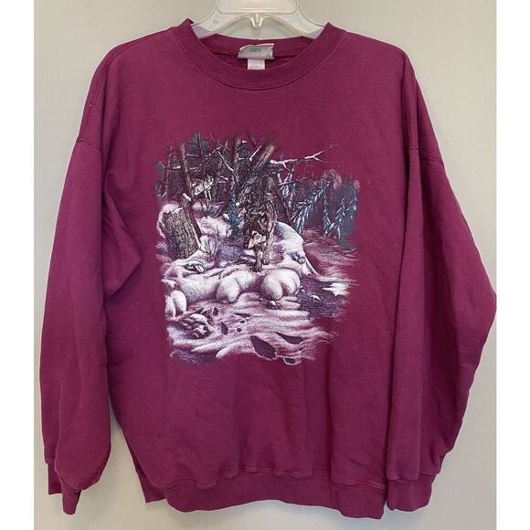 Vintage 90s Graphic Crewneck Sweatshirt Maroon Wolf Nature Mens Size Medium Y2k - Picture 1 of 6